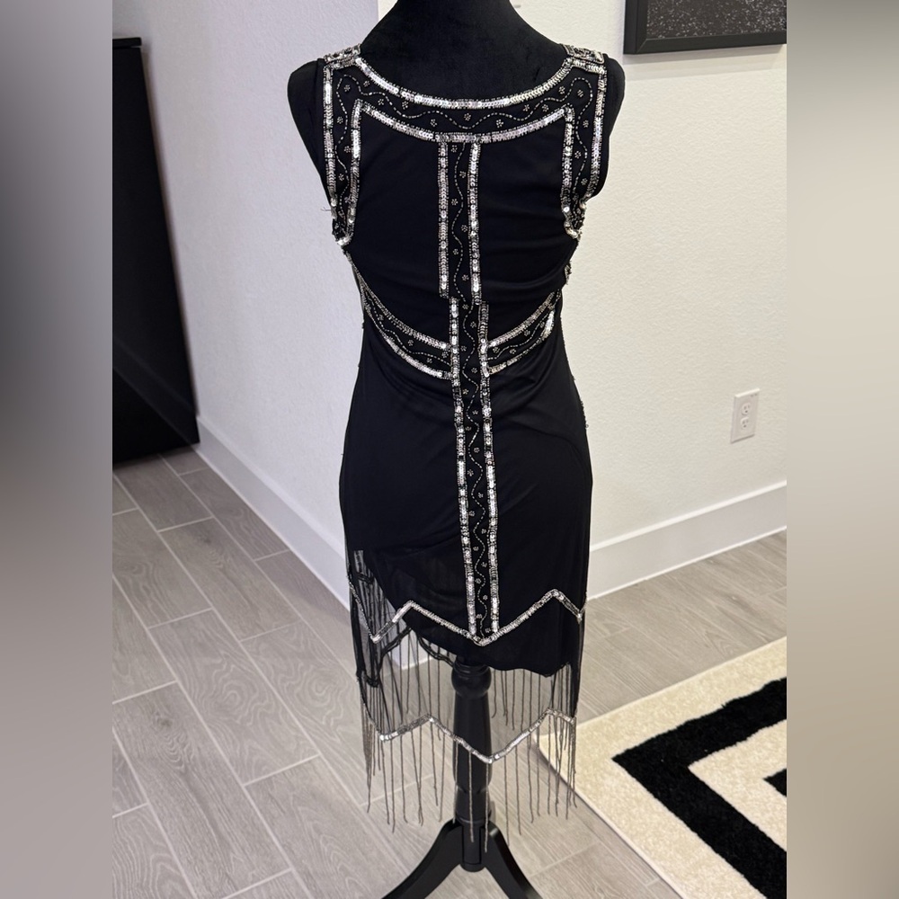 GATSBY LADY Art Deco Fringe Flapper Black Sequin Beaded Dress Size 4 VGUC - Picture 5 of 8